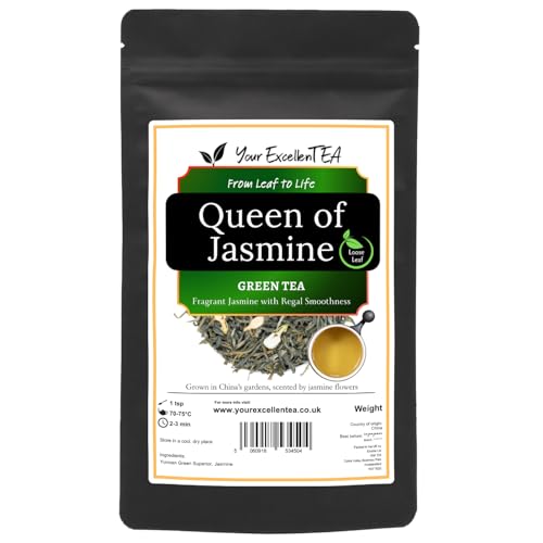Queen of Jasmine Loose Leaf Green Tea (50g) Chinese Jasmine Tea with Blossoms Floral Smooth Balanced Brew Fragrant Everyday Cup Resealable Pouch | Your ExcellenTEA