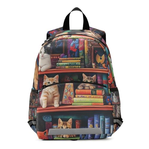 Toddler Backpack for Boys Girls, Colorful Bookshelf Cats Travel Backpack Small Little Kid's Backpacks