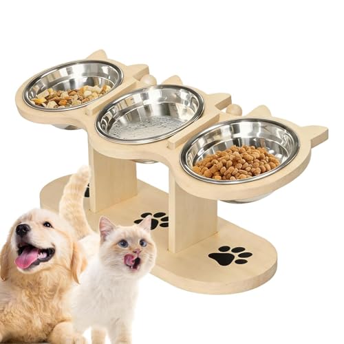Elevated Cat Bowl, 3 Bowl Adjustable Height Pet Feeding Station, Non Slip Cat Food Water Dish Set for Home Kitchen Living Room Balcony Outdoor Camping Use, Raised Pet Feeder, Ergonomic Feeding Bow