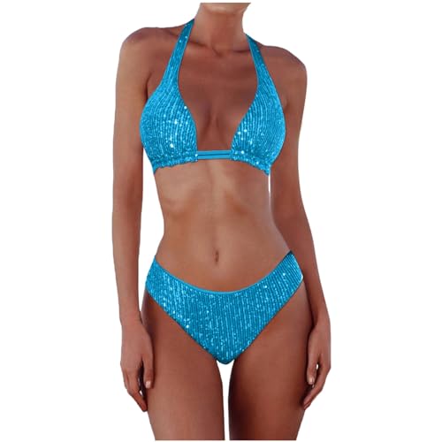 Dos Piezas Conjunto Bañador para Mujer Bikini de Lentejuelas Vikini Sexy para Mujer con Parte Superior y Tanga Conjunto Bikini Triangulo Traje de Baño Biquini a la Moda de Playa Piscinas (Blue, S)