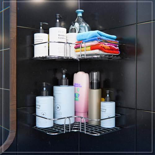 Image of Stainless Steel Corner L Shelf Storage Organizer Bathroom & Kitchen | No Drill Self Adhesive Corner Stand for Kitchen Sink | Wall Mount Bathroom Organiser Shelves Rustproof (Set of 2)