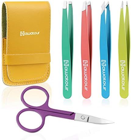 Tweezers Set, 4Pcs Eyebrows Tweezers and a Pair of Scissor with Leather Case, Great Precision for Eyebrow, Ingrown Hair, Splinter, Facial Hair Removal By HAWATOUR, Multi-Color