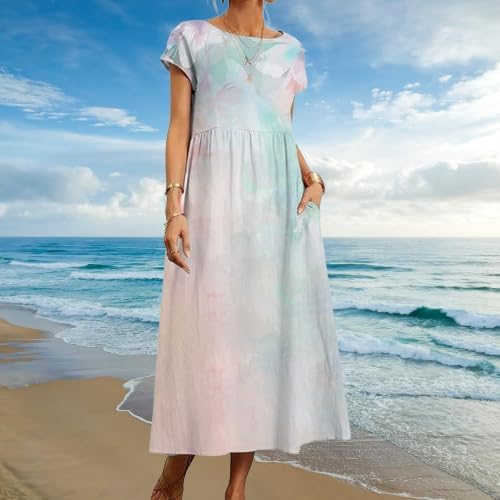 Boho Maxi Dress Floral Cap Sleeve High Waist Smocked Flowy Casual Church Summer Long Womens Tshirt Dress - Image 2