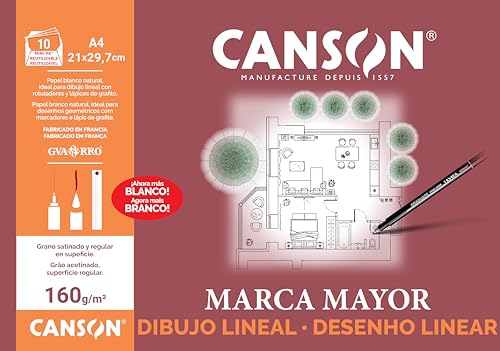 Canson Dibujo Lineal, Papel de dibujo blanco, Suave, 160gsm, Minipack, A4-21x29,7cm, Blanco, 10 Hojas