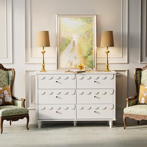 Image of Anbuy Nursery Chests and Dresser for Kids Bedroom Wood Scalloped 6 Drawer Dresser, Dressers & Chests of Drawers with Metal Handles for Bedroom, Nursery, Hallway(White)