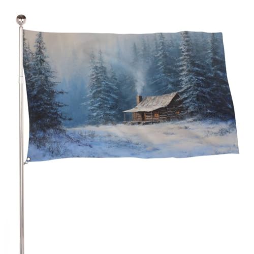 Bandera de cabaña de troncos en un bosque nevado de 3 x 5 pies, banderas de jardín al aire libre, decoración para patio, porche, césped, casa de campo