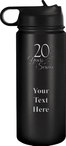 Crown Awards Customizable 20 Years of Service 20oz Black BPA Free Stainless Steel Water Bottle - Personalize Now