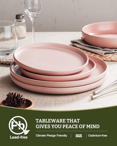 Image of Famiware Milkyway Plates and Bowls Sets, 12 Pieces Dinnerware Sets, Reactive Glaze Dish Set, Stoneware Dishes Set for 4, Light Pink