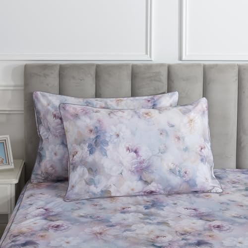 Image of Purple Floral Percale Sheets, Butterfly Patterned Vintage Flower Cozy House Bed Sheets, Deep Pocket Crisp Toile Sheet Set, Country Rustic Luxury Bedding, 100% Cotton, California King, 4Pcs