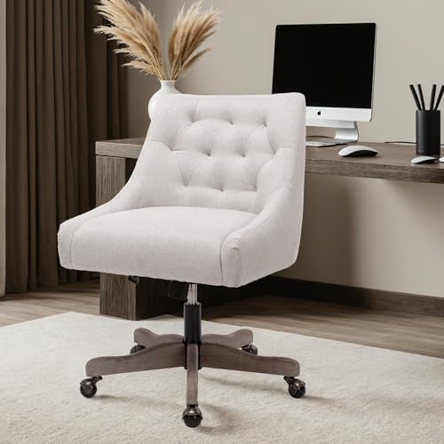Silla de oficina giratoria, moderna silla de escritorio tapizada de tela con respaldo ancho ergonómico y patas de madera, silla giratoria ajustable en altura para oficina, color beige