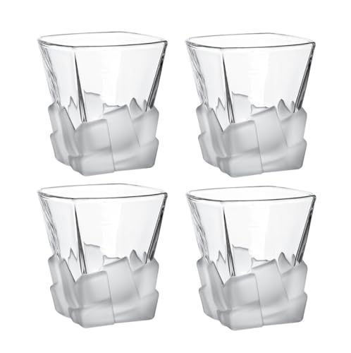 Ceramic Joe Ice Cube Sculpted Hand-crafted Glass Glasses with Square Frosted Surfaces for Whiskey Glasses (Frosted Glass 4PCS)