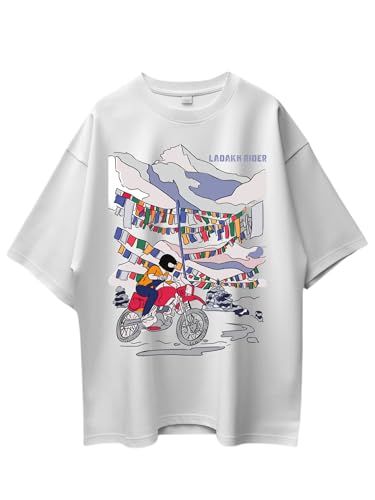 Image of T-Shirt for Men - 100% Cotton Ladakh Motorcycle Rider Half Sleeve Round Neck Graphic Print | Regular & Oversized Fit | 180 /220 GSM | S-5XL | Black, Navy Blue, Olive, Red, White