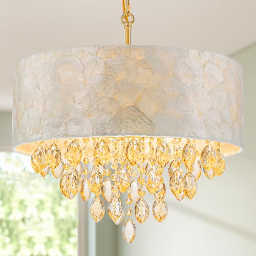 Pine Flicker 4-Lights Drum Capiz Shell Crystal Chandelier, Coastal Style Pendant Light Fixture for Dining Room, Living Room, D18 x H21~68 inch (Adjustable), Champagne Crystal & Gold Finish
