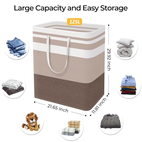 HomeHacks 2-Pack Large Laundry Basket, Waterproof, Freestanding Laundry Hamper, Collapsible Tall Clothes Hamper with Extended Handles for Clothes Toys in the Dorm and Family (Brown, 125L)