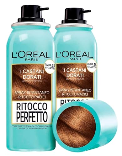 L'Oréal Paris Ritocco Perfetto Spray Istantaneo per Capelli Bianchi Coperture Temporanea Radici Asciugatura Rapida Colore Castano Dorato - 2 Flaconi da 75ml