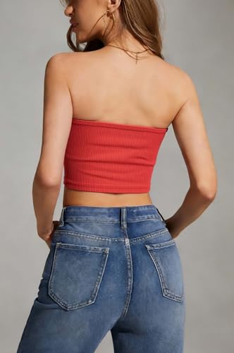 Image of 4-Pack Women's Strapless Tube Tops, Slim Fit Bandeau Crop Shirts | Soft Knit Backless Basic Shirt, Sleeveless Bodycon Fashion, Y2K Going Out Look, Summer Layering, Beach, Party & Daily Fit