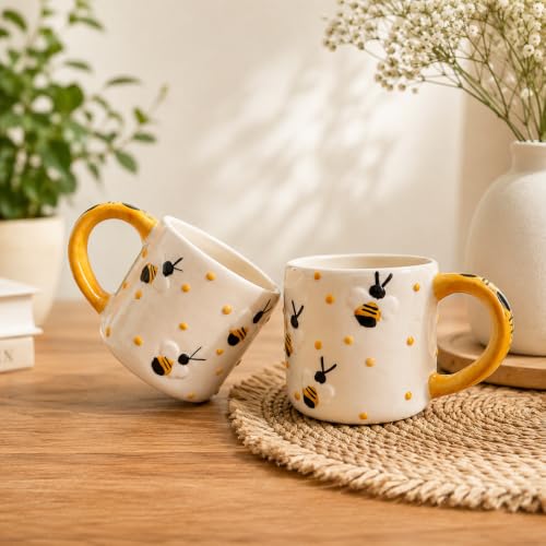 Image of Niyara Stoneware Handmade Premium Ceramic Tea Cups and Coffee Mugs Set of 2 (Bee Design Printed)