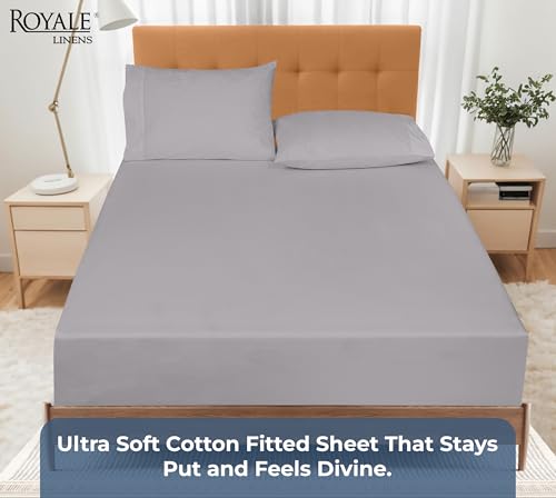 Image of Royale Linens 100% Organic Cotton Fitted Sheet - Percale Weave - Super Soft Deep Pocket Bottom Sheets - Elastic Sheet Queen Size - Queen Fitted Sheets Only - (60 inchx80 inch+15 inch, Silver)
