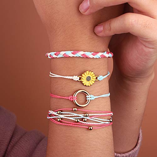 Image of Stackable Sunflower String Bracelets Cute Boho Braided Summer Beach Jewelry
