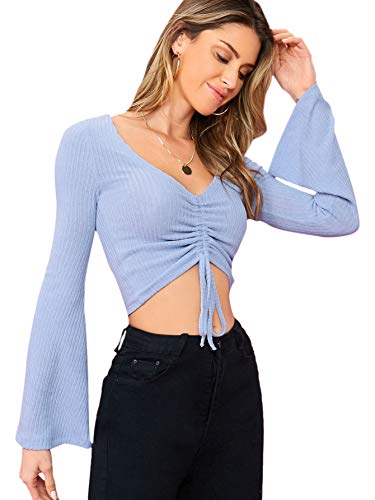 Image of SweatyRocks Women's Adjustable Drawstring String Long Bell Sleeve Rib Knit Sexy Crop Top