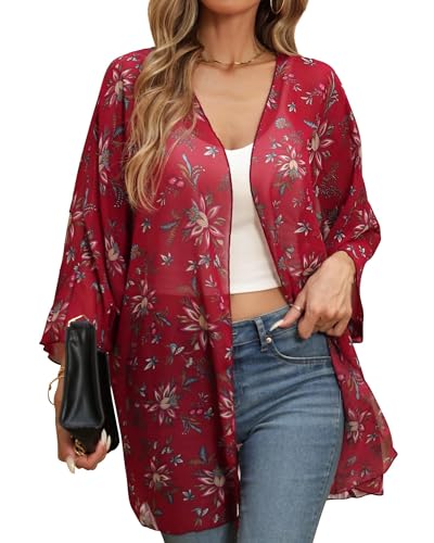 Argstar Womens Kimono CardigansRed Floral Print L