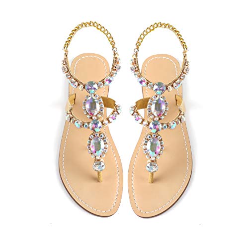Image of ZhuLinFeng Women'S Rhinestone Gladiator Sandals Flat Wedding Sandals Gem Pearl Sparkling Bridal Bridesmaid Sandals Blue Bohemian Sandals