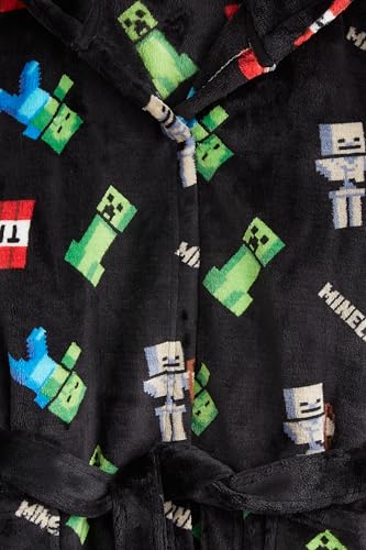 Minecraft Bath Robe for Boys, Teens Hooded Fleece Robe Cozy Loungewear Soft Nightwear Creeper Gamer Gifts for Kids (9-10 Years, Black)