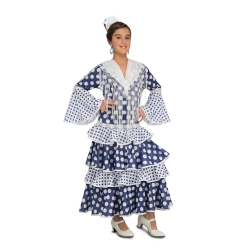 My Other Me - Disfraz Flamenca Niña, talla 3-4 años. Incluye vestido azul y blanco, escote en V, encaje decorativo, lunares grandes y pequeños, mangas largas y falda con volantes. Esencia andaluza.