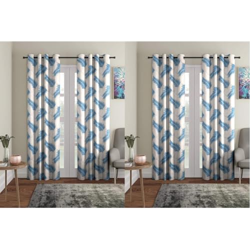 Image of Cortina 2 Piece Leaf Design Panel Eyelet Polyester Semi Sheer Door Curtains - 7 Feet, Blue (Pack of 2)