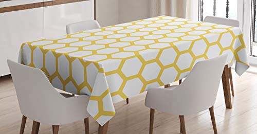 Ambesonne Yellow and White Tablecloth, Hexagonal Pattern Honeycomb Beehive Simplistic Geometrical Monochrome, Dining Room Kitchen Rectangular Table Cover, 52 X 70, Yellow White