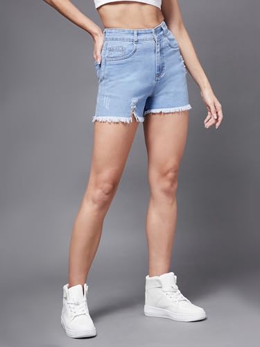 Image of Miss Chase Women's Relaxed Mid Rise Regular Non Stretchable Denim Shorts