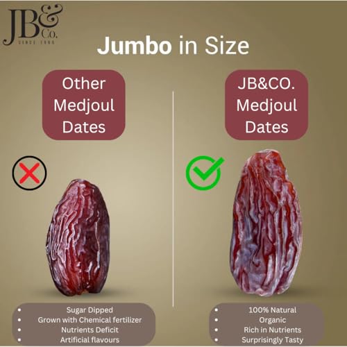Image of JB&CO Premium Imported Medjool Dates | Jumbo fresh & Soft Khajoor | Medjul khajur | Naturally Sweet Arabian Dates | No Added Sugar, Healthy Dry Fruits Snack, Vegan, 1 kg pack (500g X 2)
