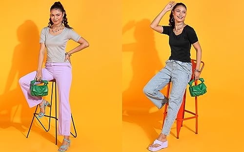 Image of POPWINGS Casual Solid Square Neck Short Sleeves Summer Wear Tops Combo for Women