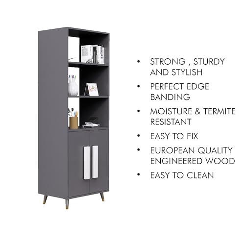 Image of Bniture Book Shelf Wooden | Engineered Wood Bookshelf for Home with 2 Door & 3 Shelf | Multipurpose Open Book Shelf Stand for Library, Study Room & Living Room | Slate Grey