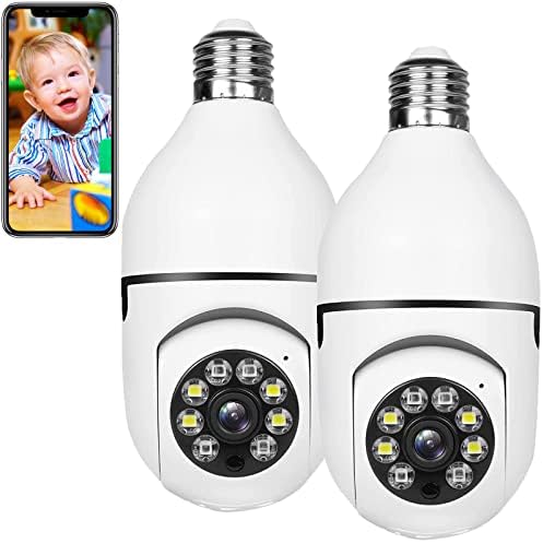 2MP Wireless Light Bulb Camera, 2 Pack Light Bulb Camera WiFi Outdoor for Home Security, Light Socket Security Cameras 360 Degree Color Night Vision, 24/7 Recording Motion Auto Tracking 2-Way Audio