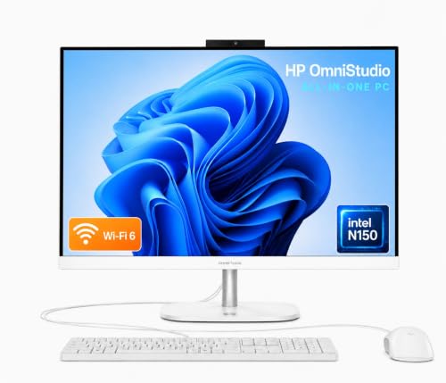 Image of HP OmniStudio 23.8 inch FHD All-in-One Desktop Computer | Intel N150 Processor | 16GB RAM 128GB UFS Storage | Wi-Fi 6, 1080p Webcam | Wired Keyboard & Mouse | Windows 11 | Cashmere White