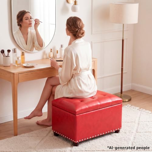 Image of Joveco Leather Storage Ottoman, 24 inch Rectangle Square Bench Foot Rest Stool for Bedroom Living Room, Red