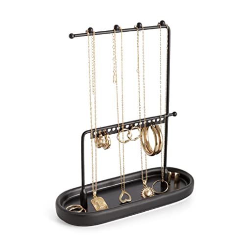 KOOK TIME Porte Bijoux | Presentoir bijoux métal avec plateau bijoux ceramique pour bagues, bracelets et autres petits bijoux | presentoir collier et presentoir boucle d'oreille tout en un | Noir mat Cover