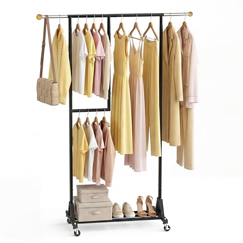 Rolling Clothing Rack with Bottom Storage Shelf & lockable Casters, Multi-tier Retractable Sturdy Garment Rack for Hanging Coats, Dresses - Ideal for Bedroom, Closet & Laundry Room ( Taller version )