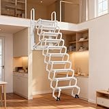8.3 ft Wall-Mounted Folding Ladder, Attic Pull-Down Staircase System, 10-Step Loft Retractable Stairs, Suitable for Family Garages, Attics and Basements, Up to 660 Lbs (White, 8.3ft)