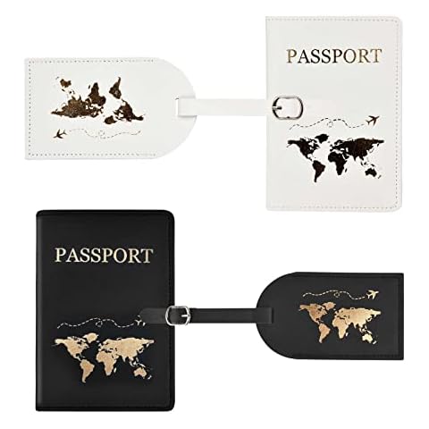 Yukung Passport Holder, PU Travel Passport Case for Passport Credit Card Business Cards Boarding Passes, 2pcs Passport Covers and 2pcs Luggage Tags (Black+White) Cover