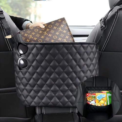 SunlightXS Car Net Pocket Handbag Holder?Purse Holder for Between Seats?Leather Seat Back Organizer Mesh Large Capacity Bag?Handbag Between The Two Seats