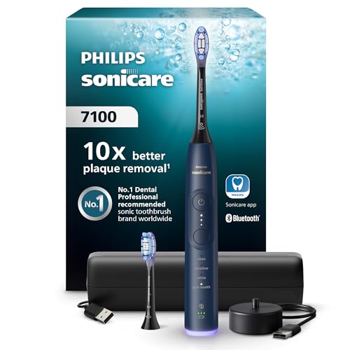 Philips Sonicare 7100 elektrische Zahnbürste, Schallzahnbürste mit App, 4 Putzmodi, 3 Intensitätsstufen, Andruckkontrolle, EasyStart, SmarTimer, Marineblau, Modell HX7423/01 [Neue Technologie]