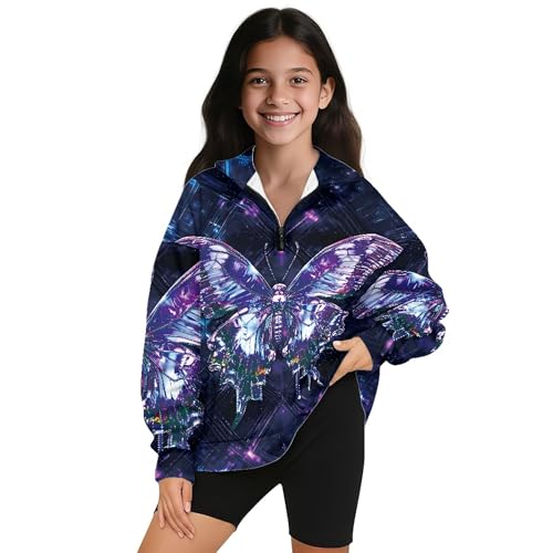 Image of AmzPrint Girls Graphic Quarter Zip Coat Long Sleeve Lightweight Oversized Athletic Running Hoodies For Kids Teen Girls