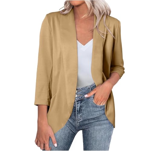 Chaqueta tipo blazer para mujer, con frente abierto, manga 3/4 fruncida, informal, para el trabajo, oficina, chaqueta corta con forro y bolsillos para noche, boda, trabajo, A13 caqui, M