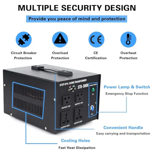 Image of Voltage Converter Transformer, 3000W Step Up /Down Transformer Converter 220V to 110V or 110V to 220V Power Converter, Circuit Break Protection, 5V USB Port, CE Certified (3000W)