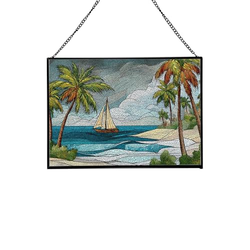 Silvers Sands-Aruba Stained Glass Suncatcher – Rectangular Hanging Window Panel with Coastal View – Tropical Ocean Scene Glass Art Gift for Seaside and Travel Décor Lovers zKvfhd