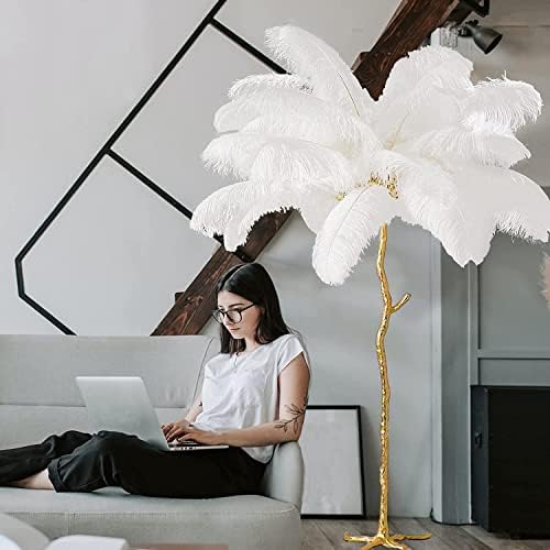 Natural Ostrich Feather Floor Lamp, Modern LED Dimmable Standing Lamp, Romantic Princess Bedroom Reading Lamp, Tall Corner Lamp for Living Room, Dining Room and Office (120cm, White)