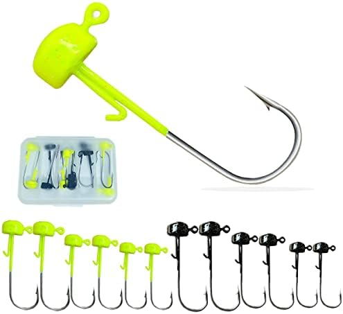 DEAPEICK Ned Rig Jig Head Hook 12pcs 3Size Chartreuse Mushroom Jig Hooks for Soft Lures Finesse Shroom Jigheads Fishing Ned Hooks Baits Fresh Salt Water Weedless 1/10oz 1/8oz 1/6oz (Balck+Chartreuse)