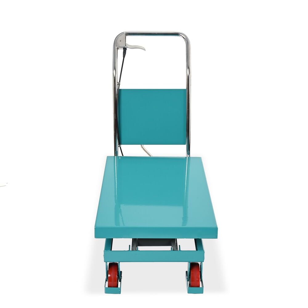 Ameise Scheren-Hubtischwagen LTT | 285-880 mm Hubbereich | 500 kg Tragkraft | 850x500 mm Plattform | Fahrbarer Hubtisch mit festem Bügel | Fußbetriebene Hydraulikpumpe | Stahl | Türkisblau